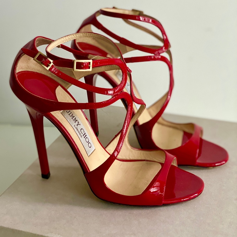 JIMMY CHOO Lance Red Leather Strappy Sandals